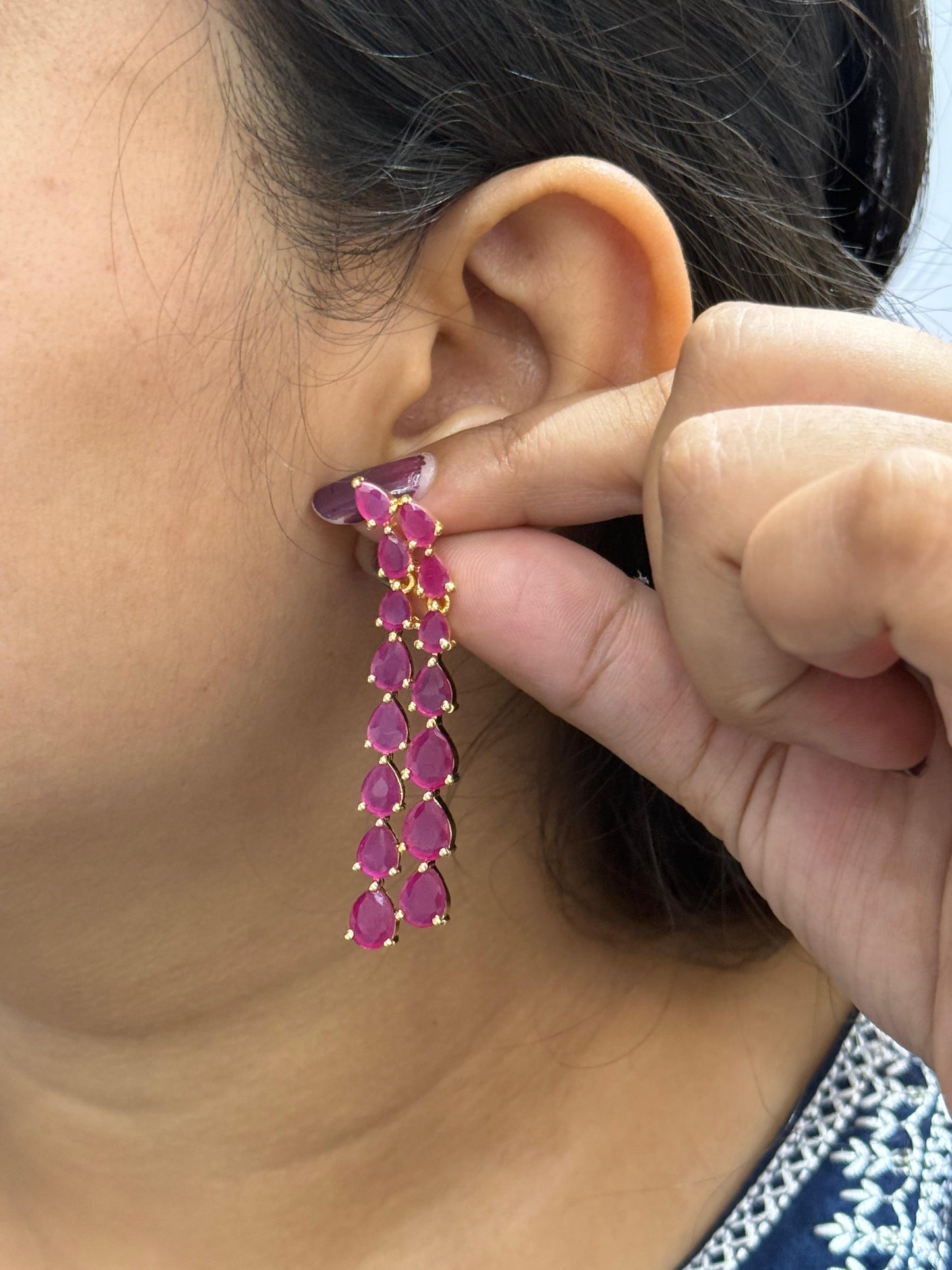 CZ Long Earring And Ring Combo In Pink For Women And Girls