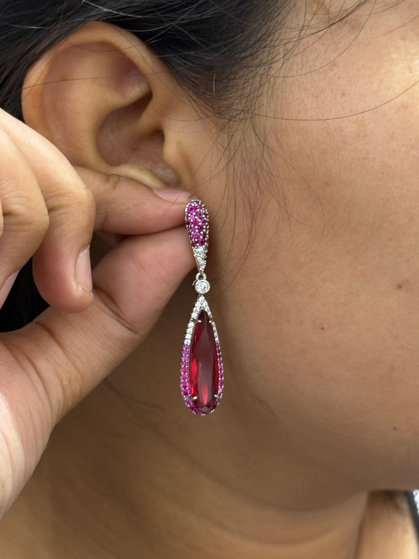 Doublet Stone Earring With Rings In Red Combo For Women And Girls
