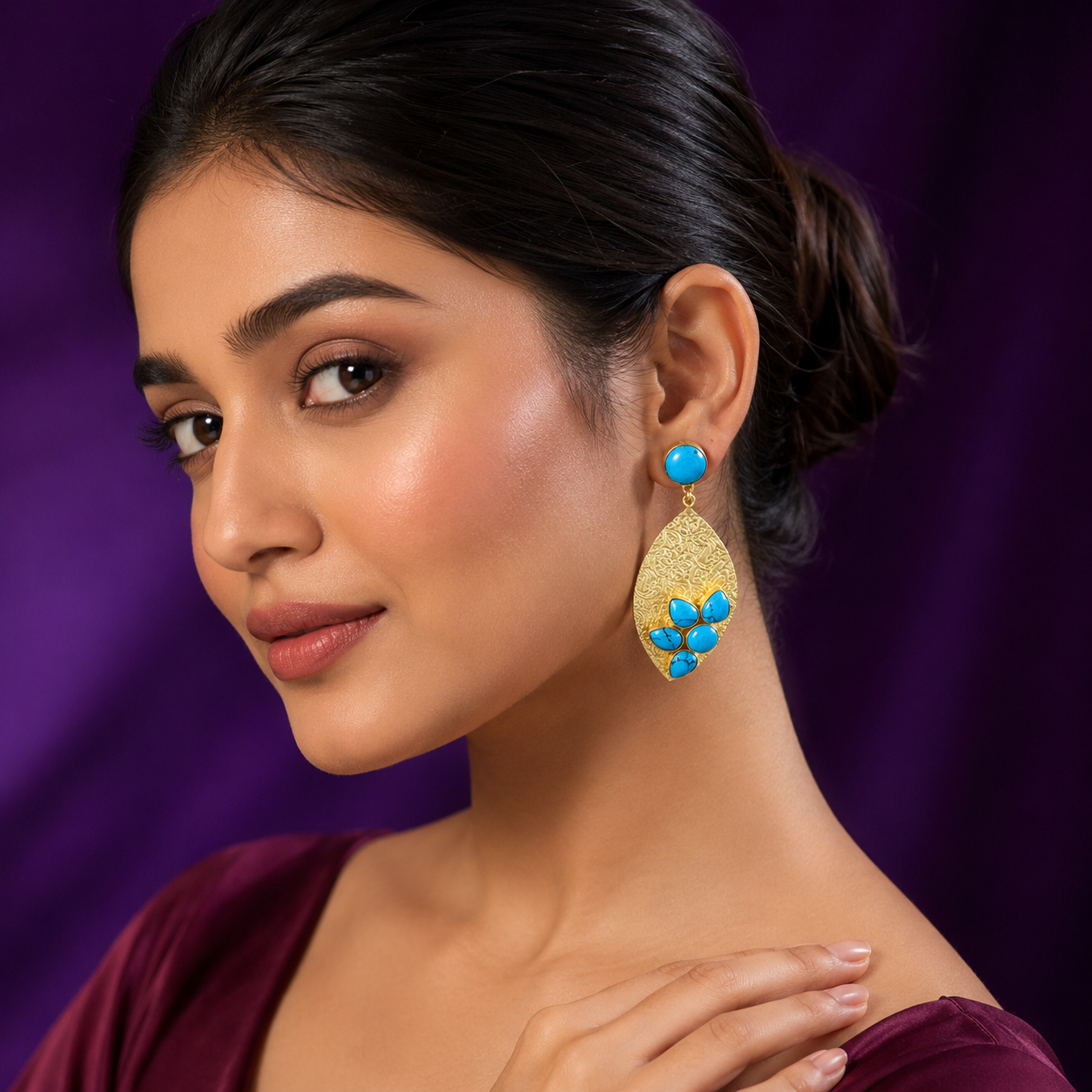 golden and teal brass light weight blue earring for woman