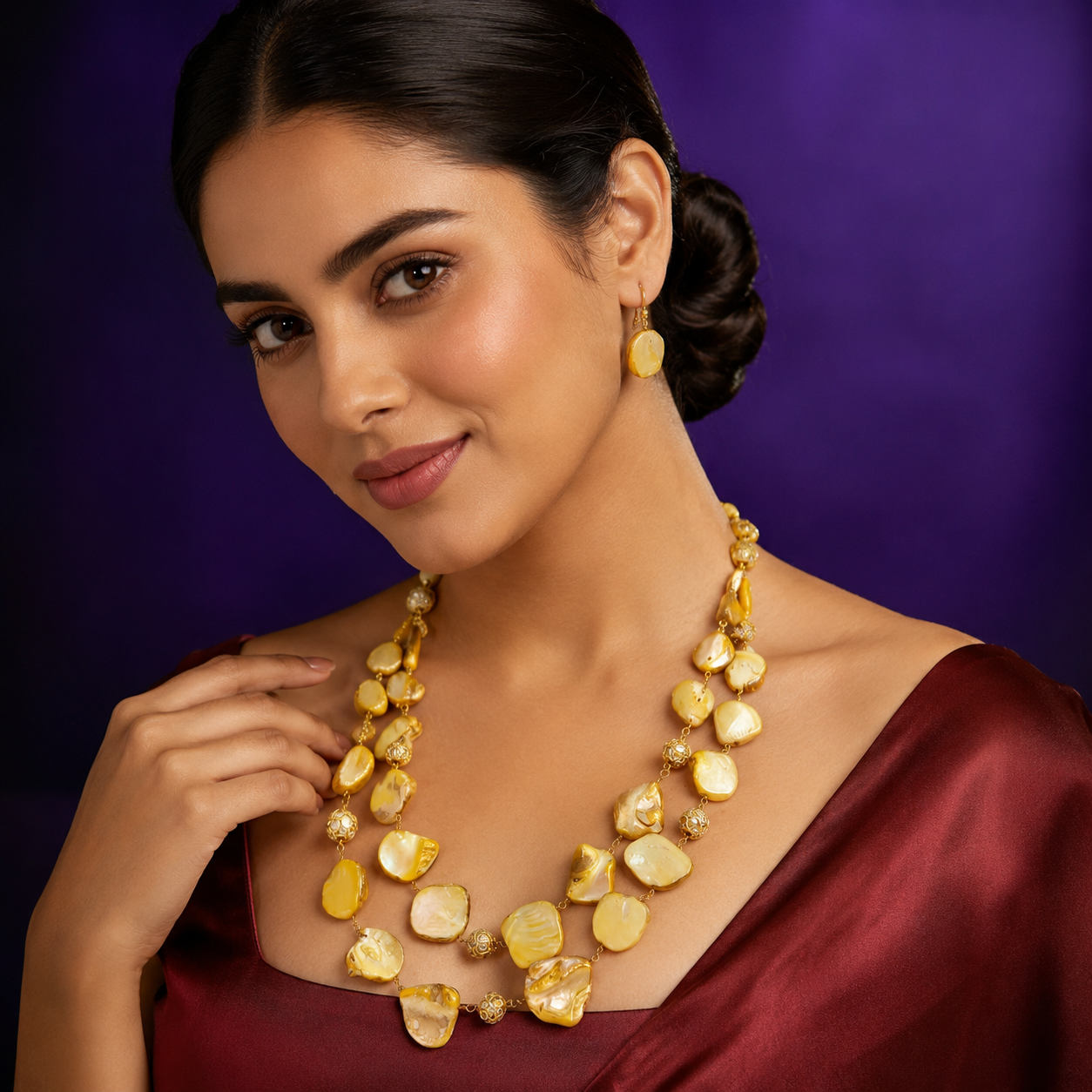 Unique yellow double layered necklace mala for women