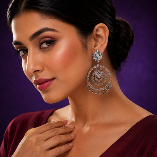 Silver Look Alike MIrror Work ChandBalis For Women