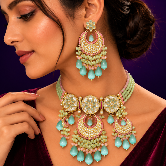 Vanshika Jewels Aamna Bridal Tayani Kundan Inspired Choker Necklace in Mint and Ruby beading