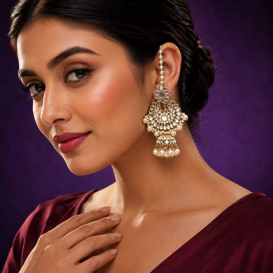 Chahat Chandbalis With Kaanchain Kundan Earring in White Beads