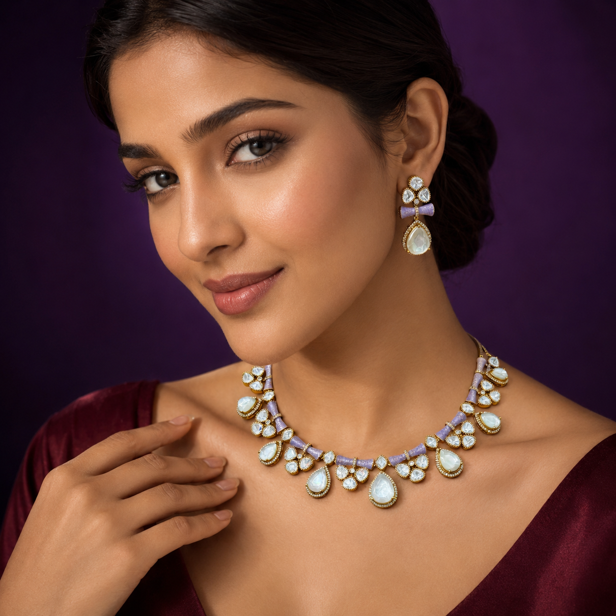 Meenkakari Mossanite Kundaan Necklace for woman