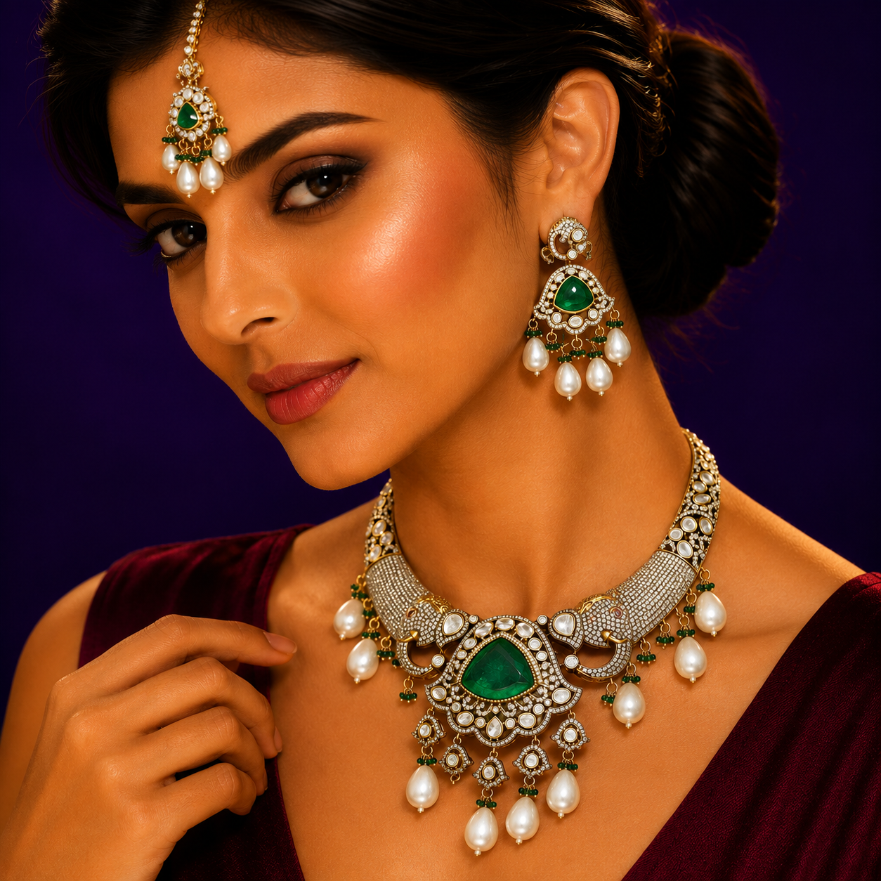 Doublet Stone With Kundan Hasli In Green For Women