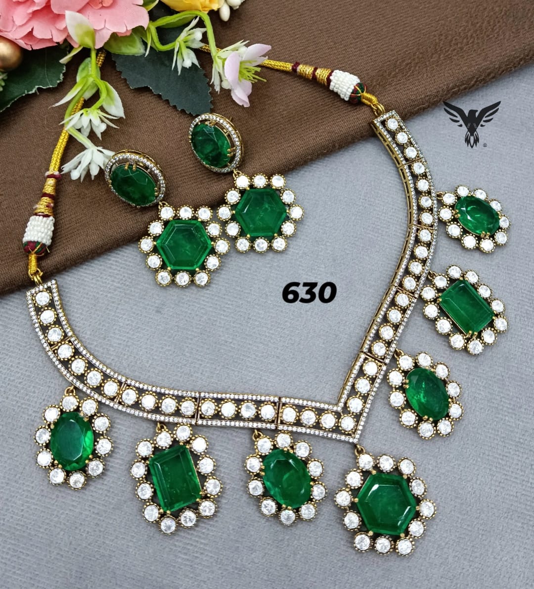 Rupali mossanite Necklace with  earrings  in emerald green for women