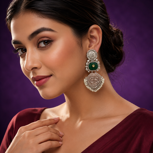 Sukhi silver look alike earrimgs in green stone for women