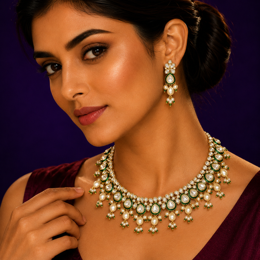 Meenakari With Kundan Necklace In Green For Women