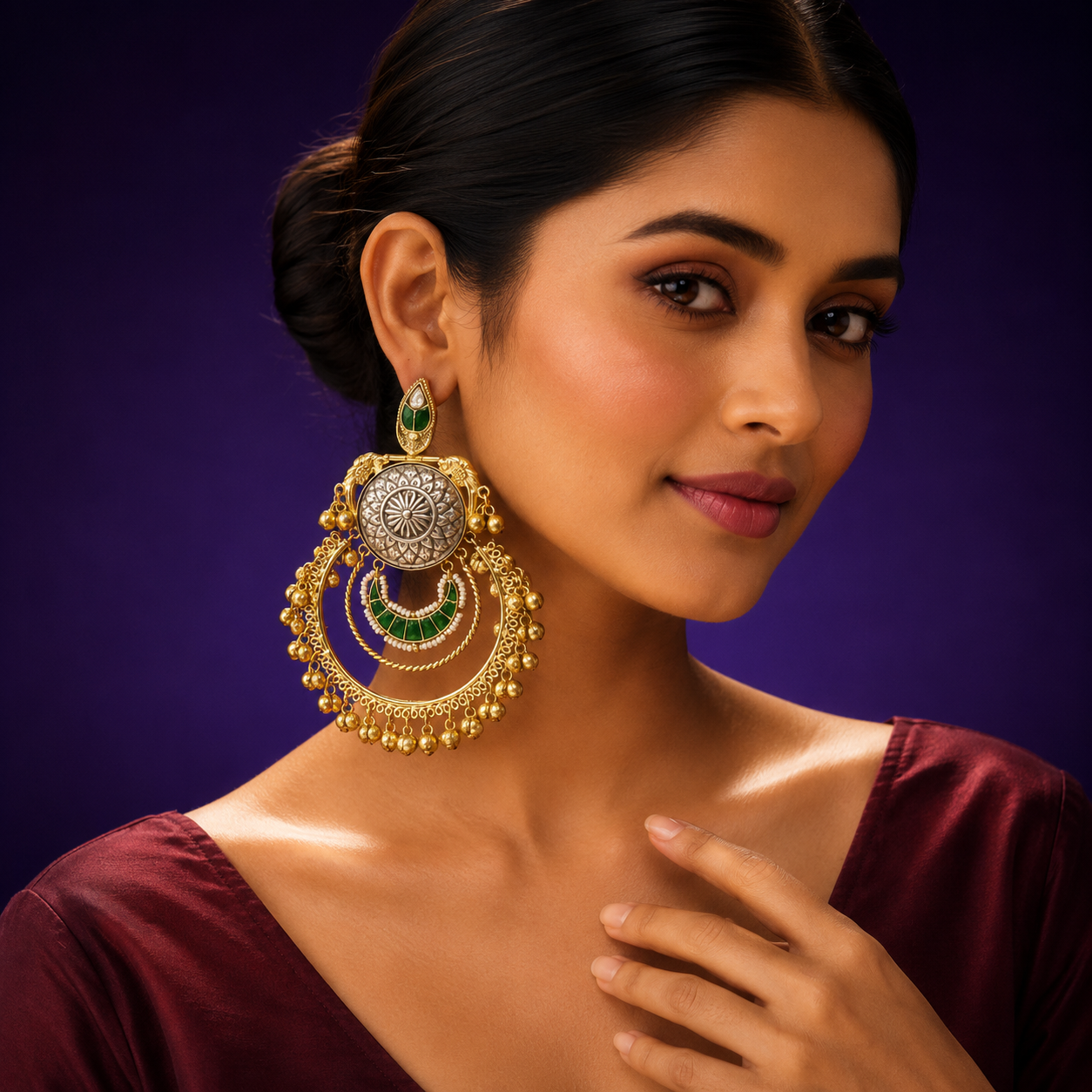 Antique Gold-Plated Hoop Earrings with Kundan, Green Enamel & Beaded Detailing