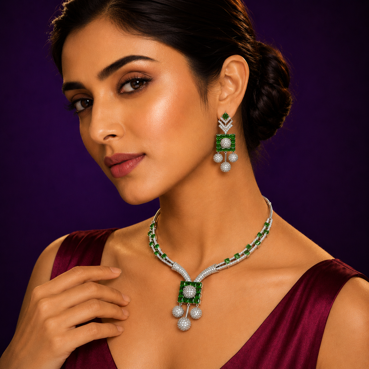 Aswi Emerald Green Cute Diamond Necklace Set For Women