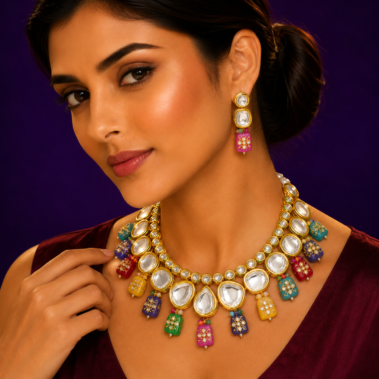 Yamya Kundan Necklace In Back Side Meenakari With Hand-Painted Tanjore Beads