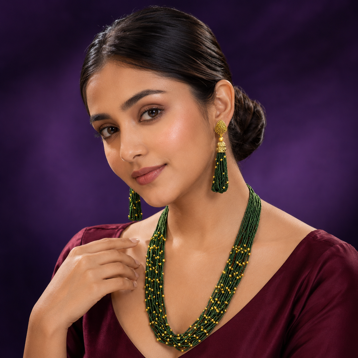 Multi layered with golden rice beads mala in green for women