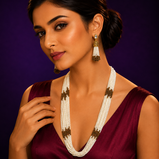 Jaco beads with Multi layered mala in Golden with pearls from jaipur