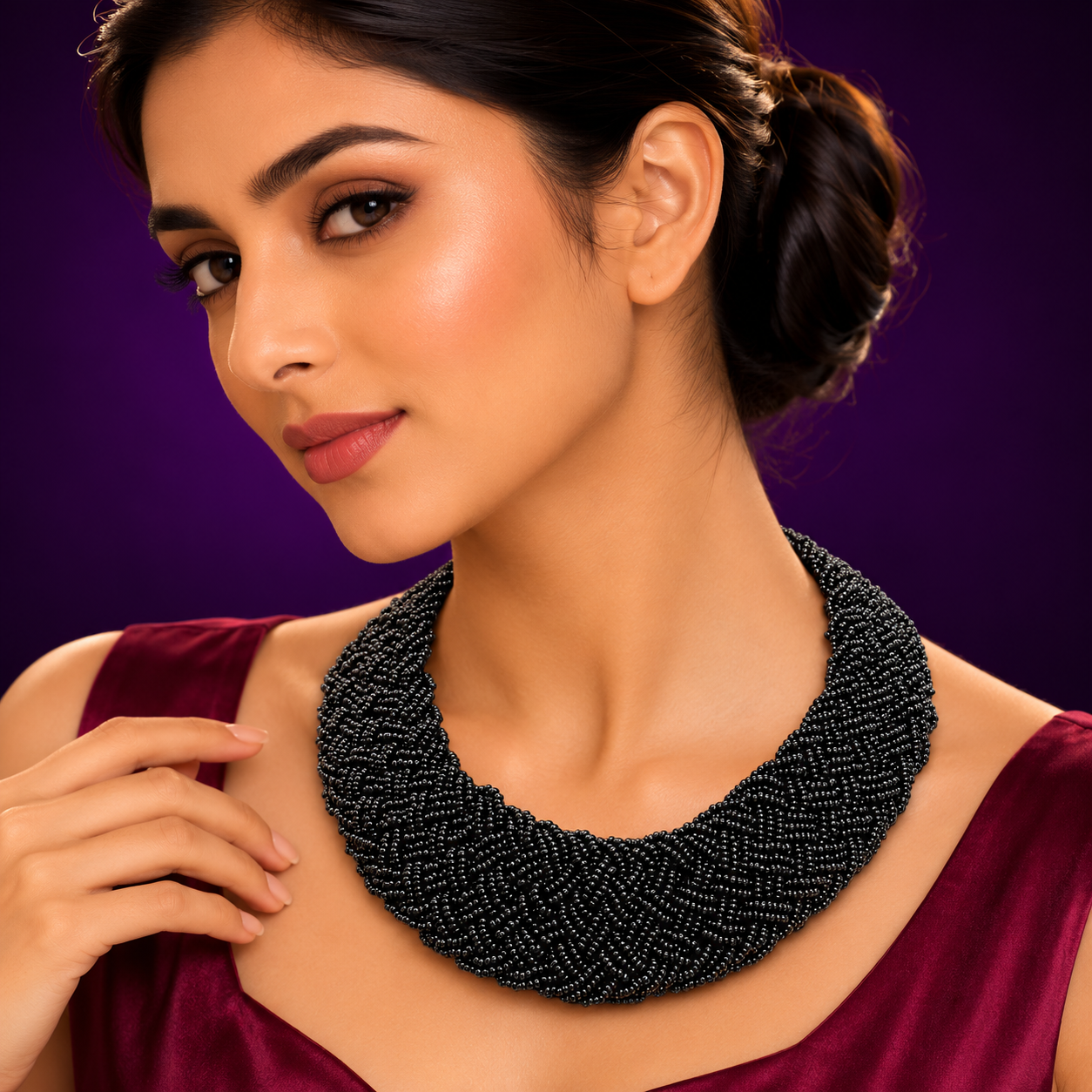 Aahaana black broad necklace set in silver look alike for women