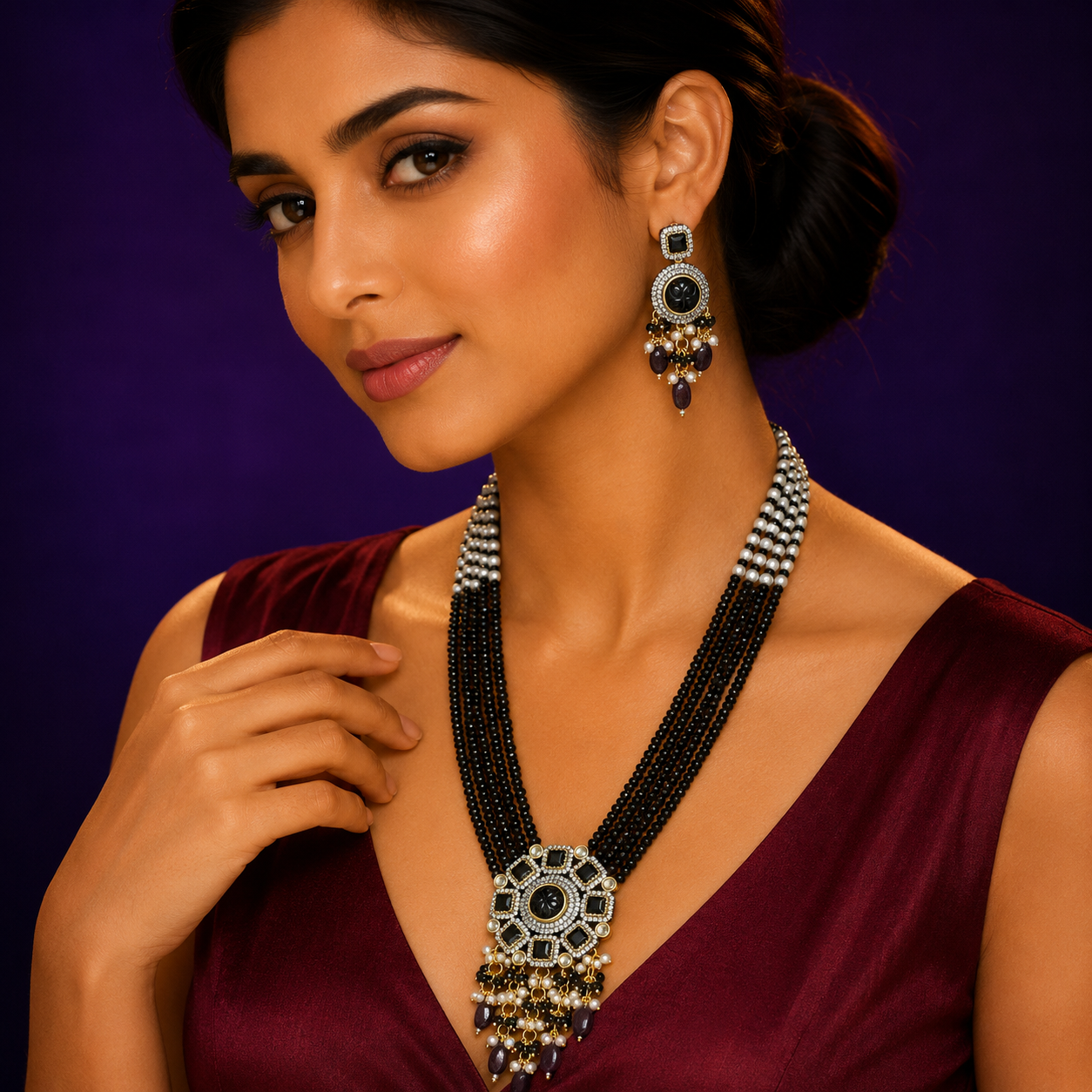 Parul Jaipuri black Layered kundan Mala Necklace  With Earings For Womens