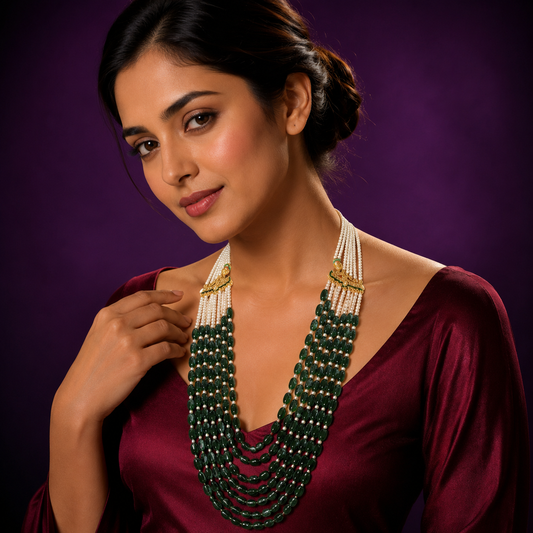 Unisex kantha necklace in emeralds