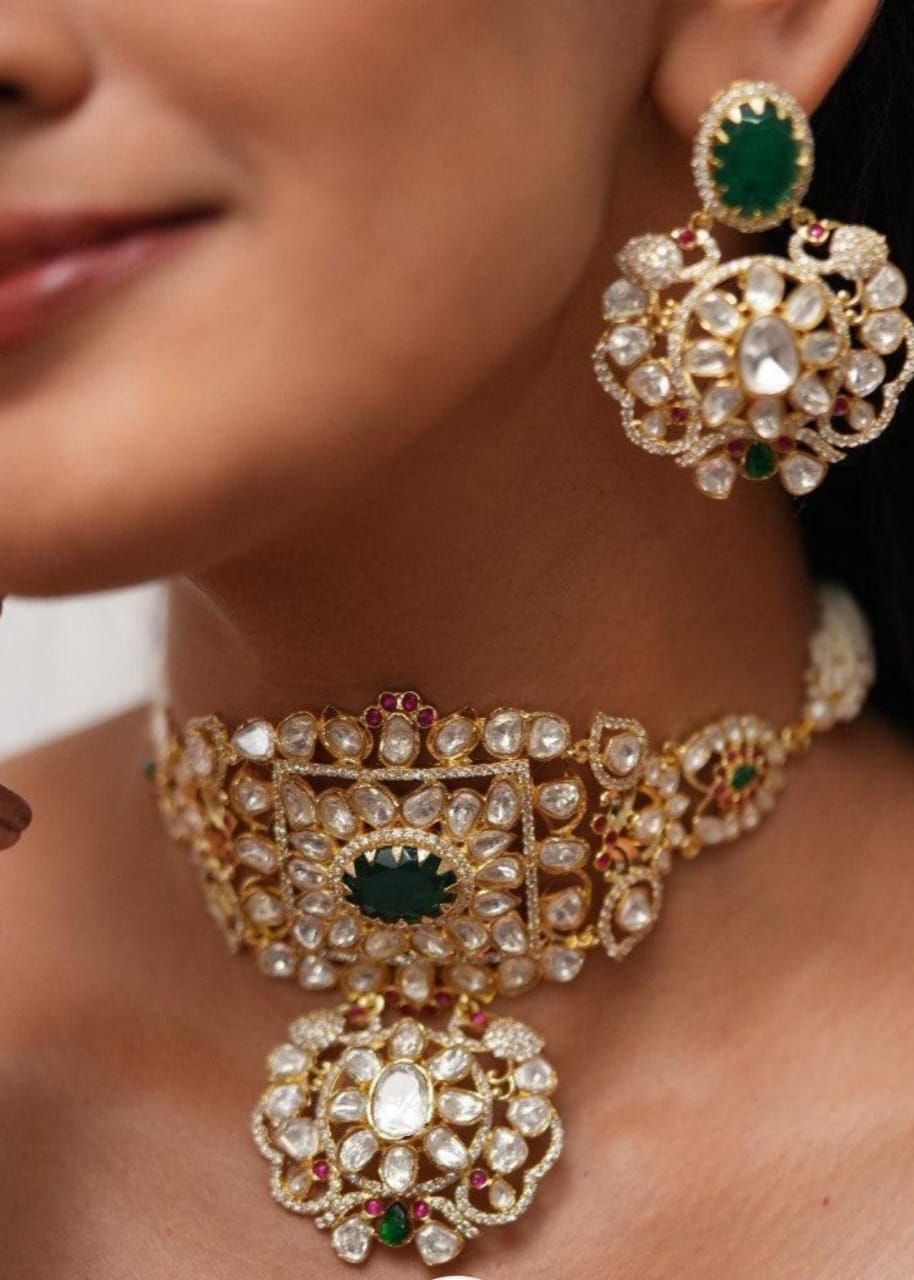Sheetal polki mosanite gold choker set with earrings