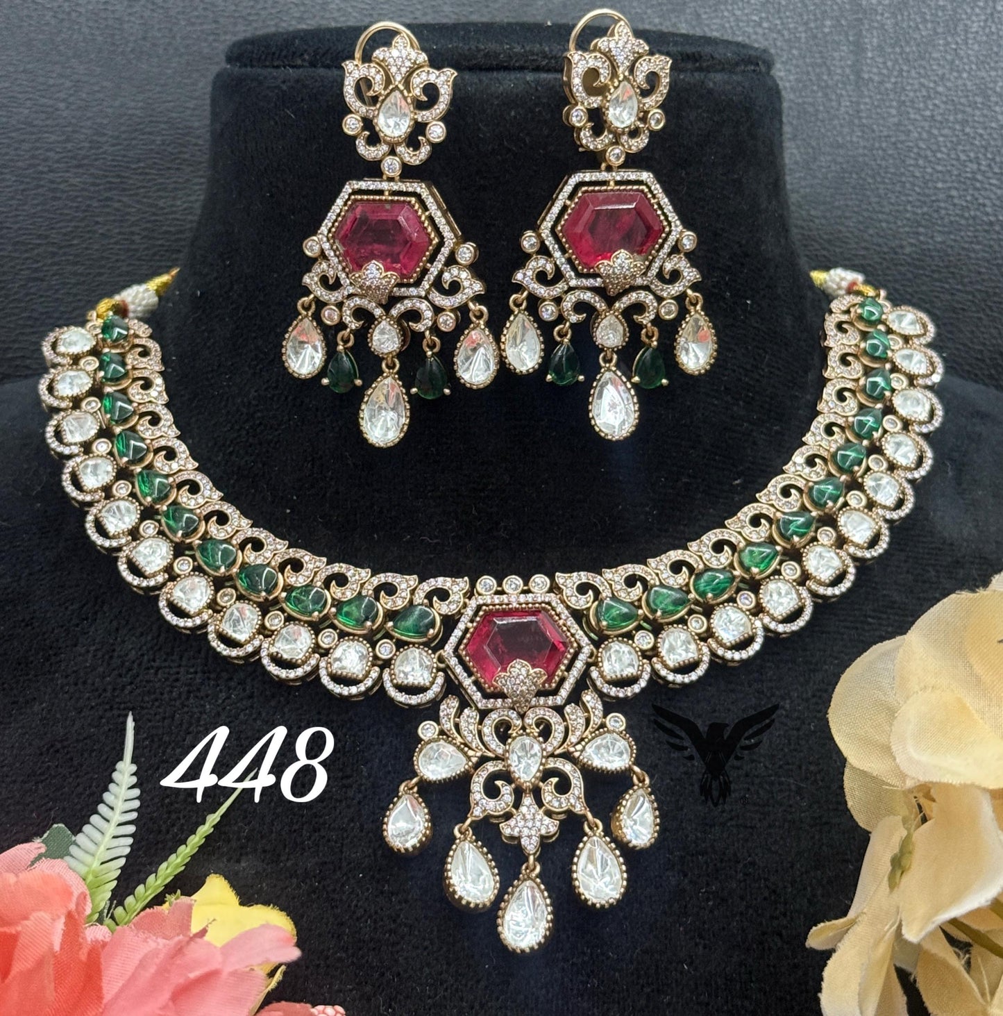 Suhaana mosanite kundan necklace in ruby and green doublet stone for women