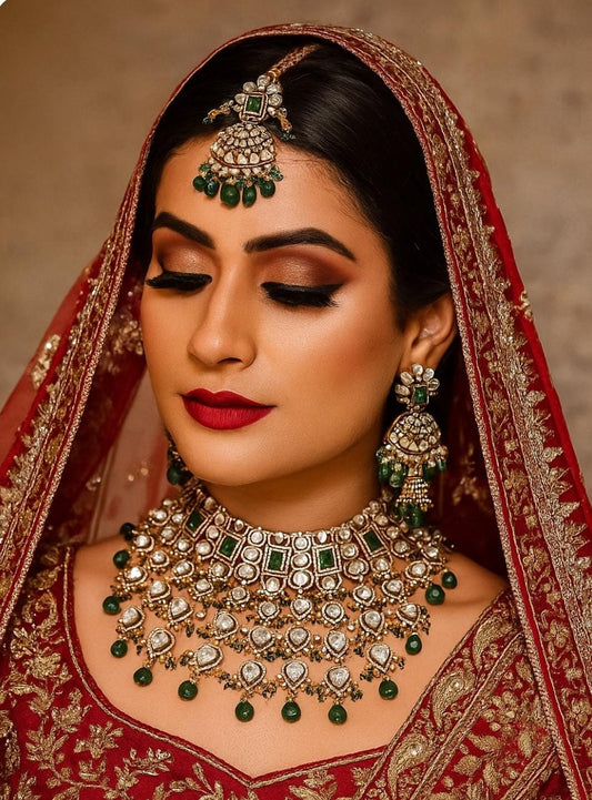 Aditee polki with emerald green stones bridal necklace in mosanite with jhumkis for women and bridals