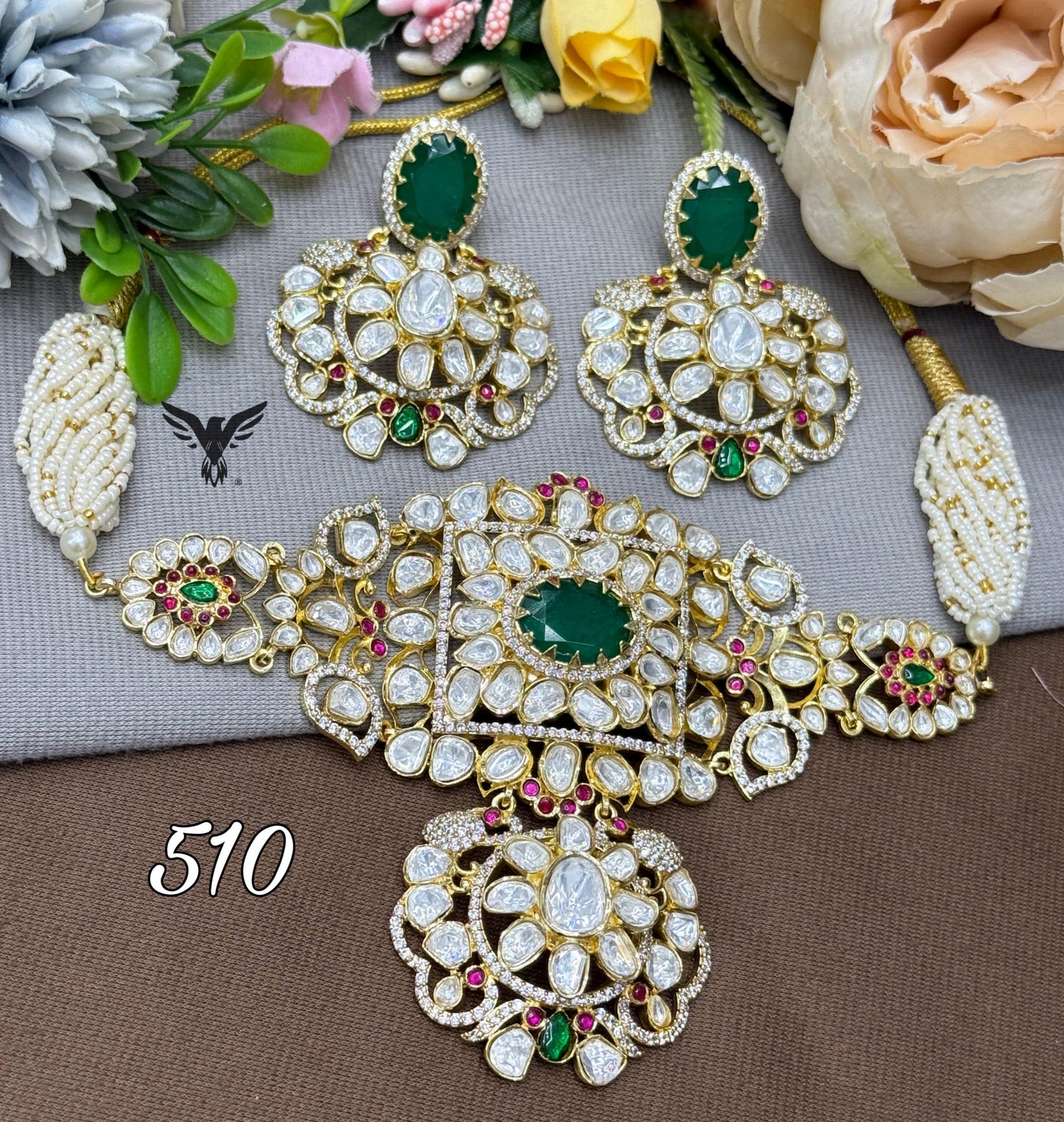 Sheetal polki mosanite gold choker set with earrings