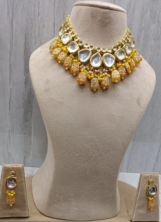 HANDPAINTED YELLOW TUMBLE KUNDAN JAIPURI  NECKLACE