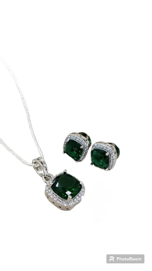 EMERALD GREEN WITH CZ PENDENT SET WITH CHAIN AND EARRINGS