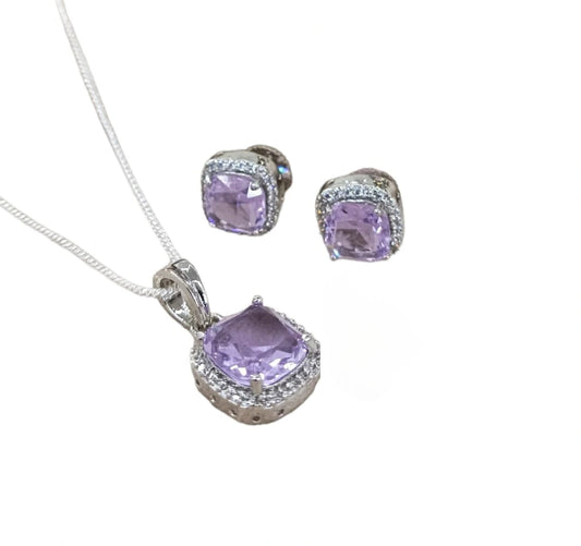 LAVENDER WITH CZ PENDENT SET WITH CHAIN AND EARRINGS